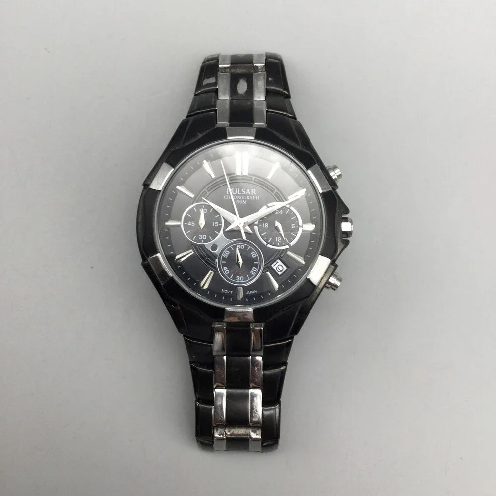 Pulsar Chronograph Mens Watch 38mm Date Stainless VD53-X060 New Battery 6.75